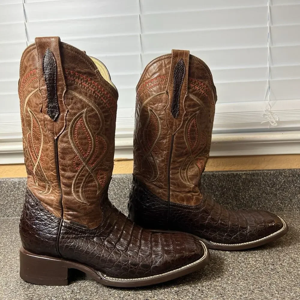 El Malcreado Hornback Brown Leather/Alligator Embroidered Boots Men MEX 28 US 10